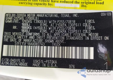 2010 Toyota Tundra Grade 5.7L V8 from USA, damaged, VIN 5TFEY5F18AX082743